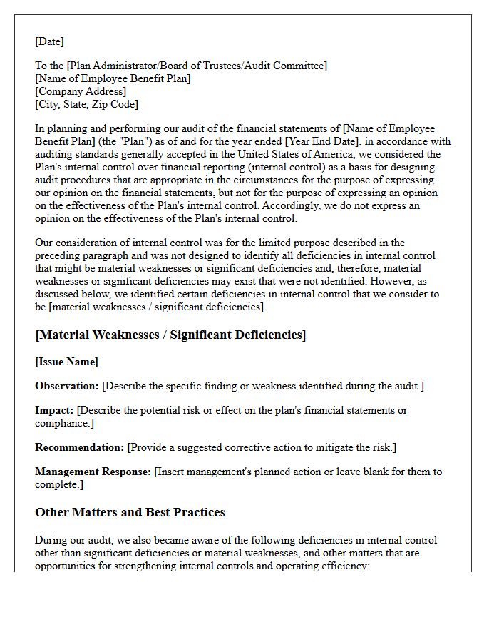 Employee Benefit Plan Internal Control Communication Letter