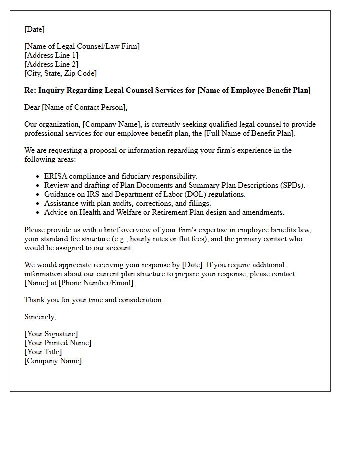 Employee Benefit Plan Legal Counsel Inquiry Letter