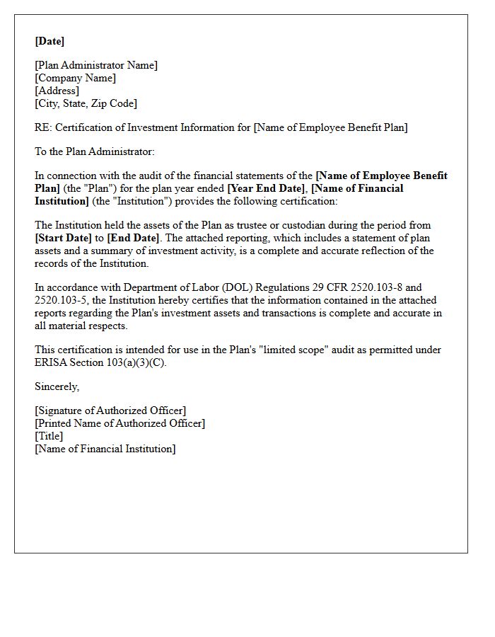Employee Benefit Plan Limited Scope Audit Certification Letter