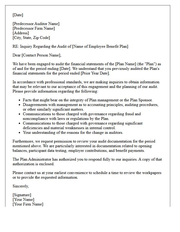 Employee Benefit Plan Predecessor Auditor Inquiry Letter