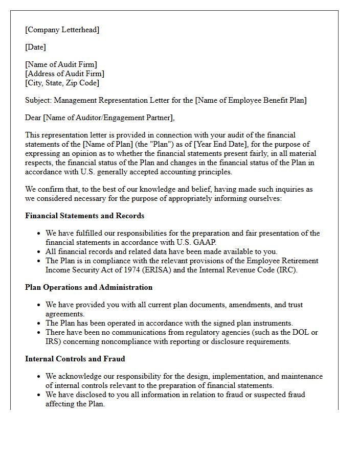Employee Benefit Plan Sponsor Management Representation Letter