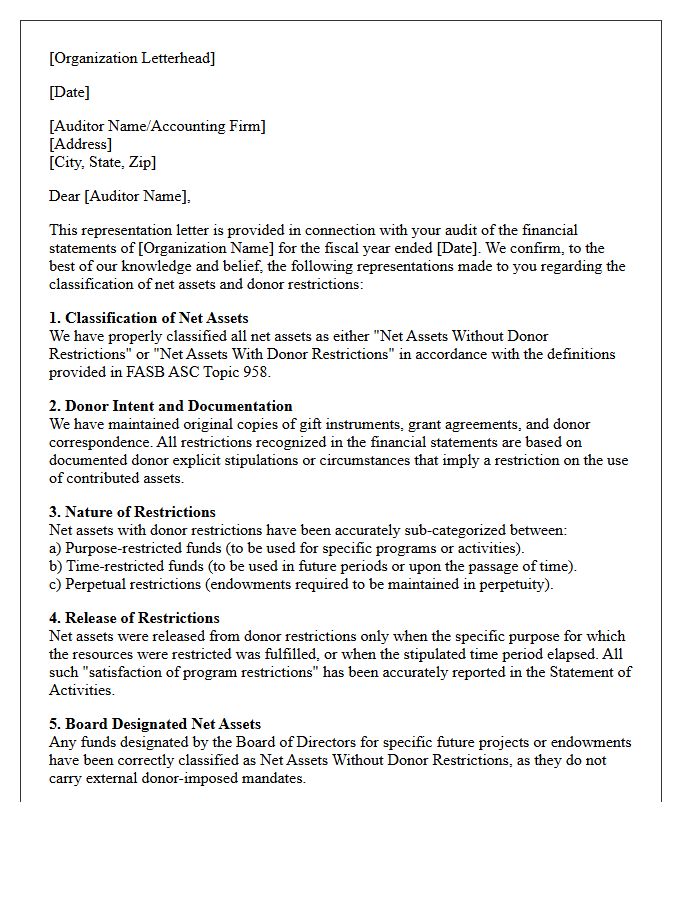 Not-For-Profit Donor Restriction Classification Representation Letter