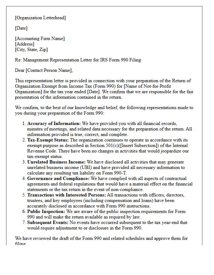 Not-For-Profit Form 990 Filing Representation Letter