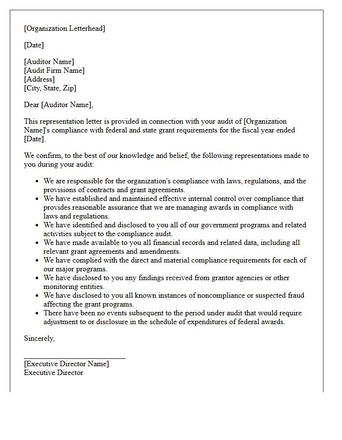 Not-For-Profit Grant Compliance Audit Representation Letter