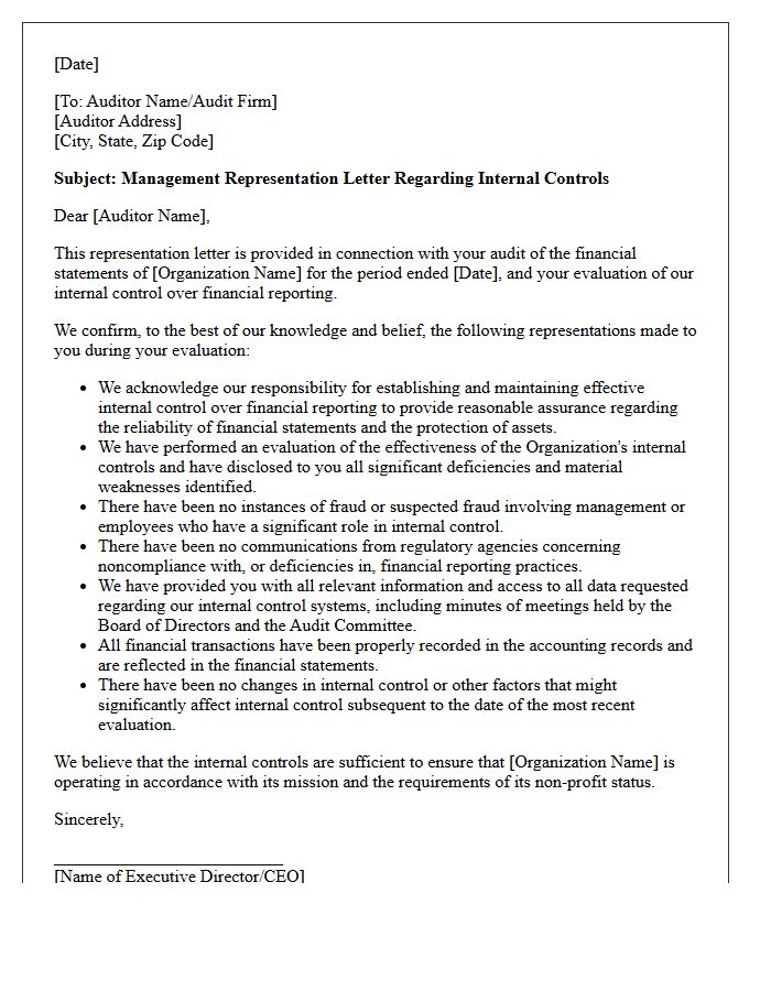 Not-For-Profit Internal Control Evaluation Representation Letter