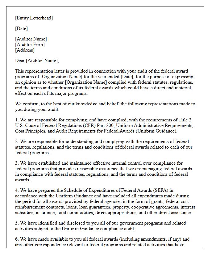 Not-For-Profit Single Audit Management Representation Letter