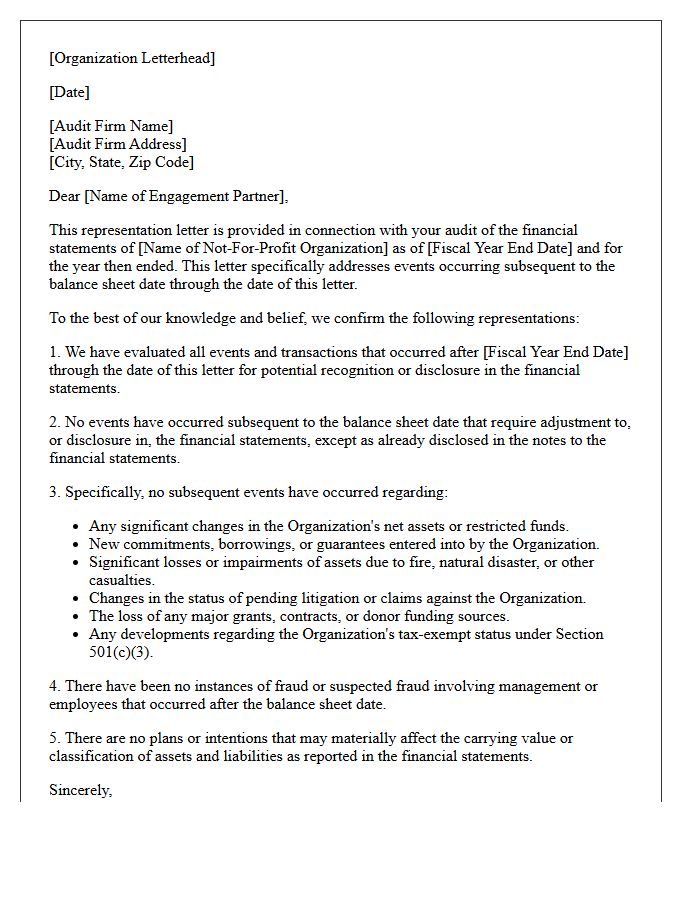 Not-For-Profit Subsequent Events Management Representation Letter