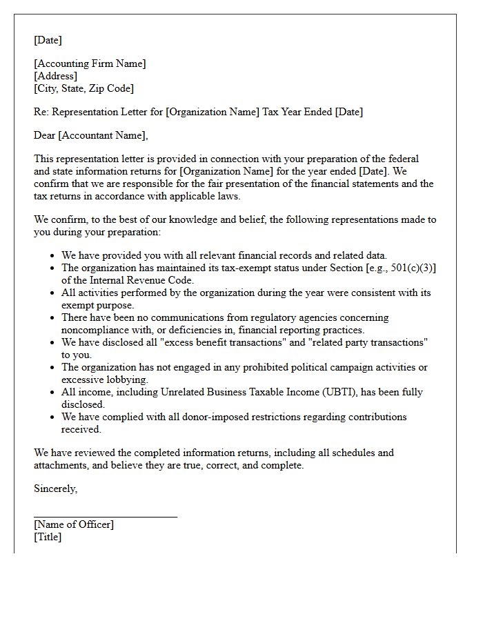 Not-For-Profit Tax Return Preparation Representation Letter