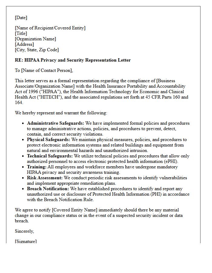 HIPAA Privacy and Security Representation Letter