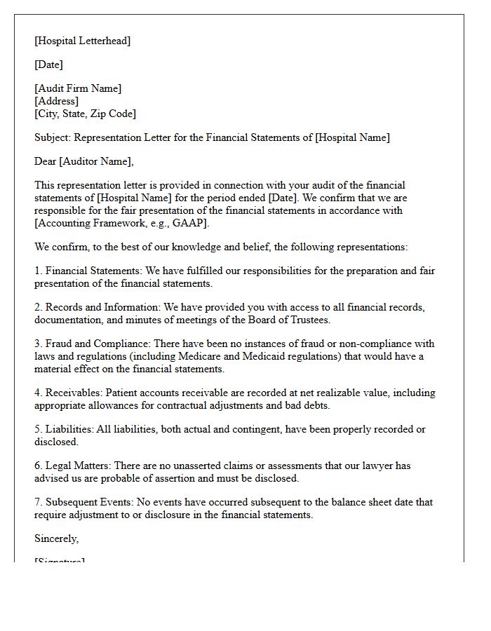Hospital Financial Statement Representation Letter