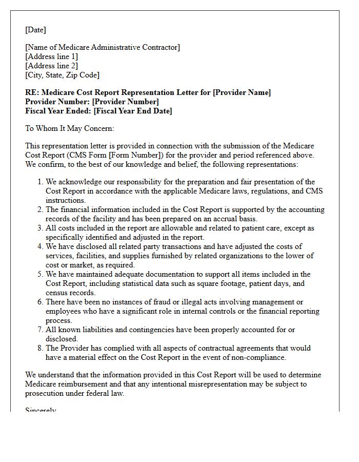 Medicare Cost Report Representation Letter