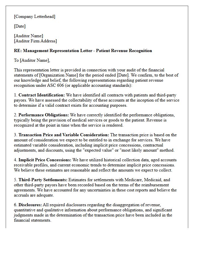 Patient Revenue Recognition Representation Letter
