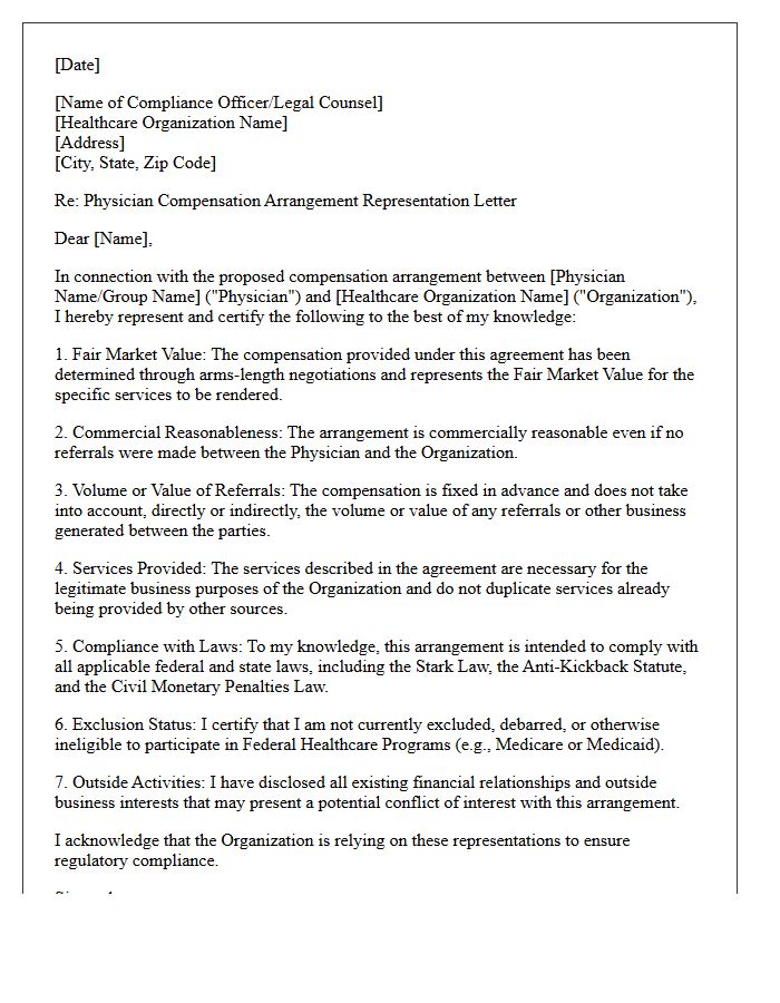 Physician Compensation Arrangement Representation Letter