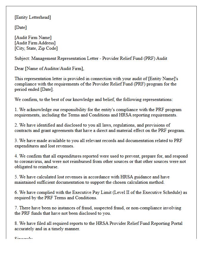 Provider Relief Fund Representation Letter