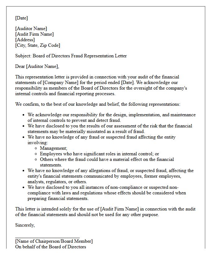 Board of Directors Fraud Representation Letter