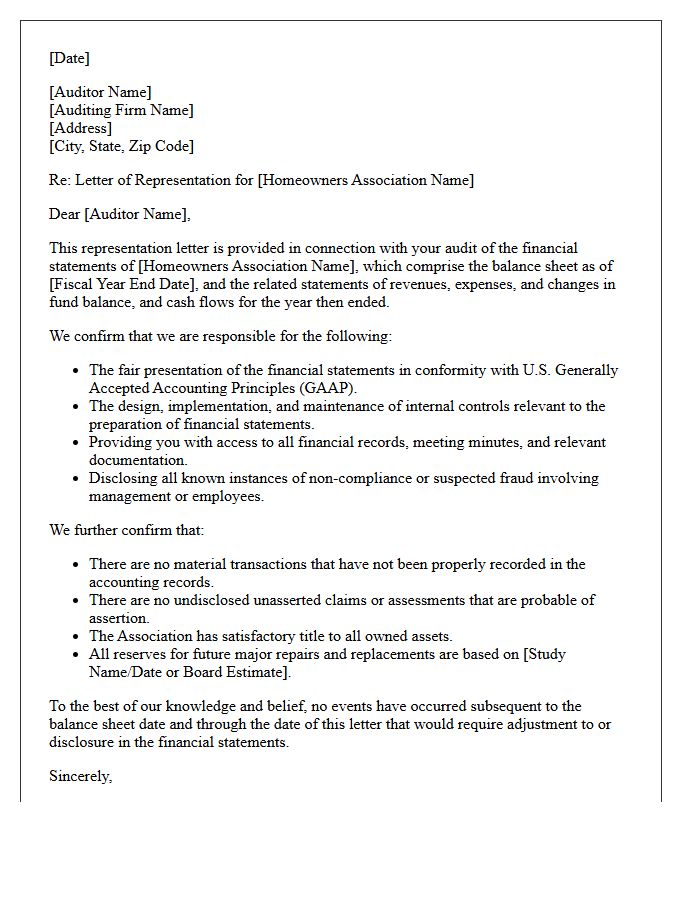 Homeowners Association Audit Representation Letter