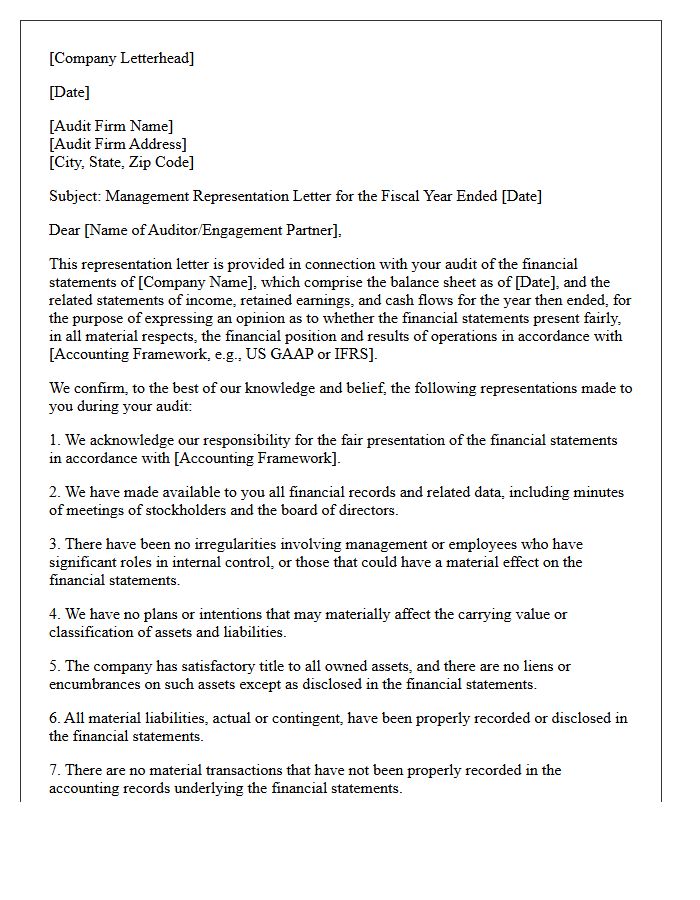 Management Financial Statement Representation Letter