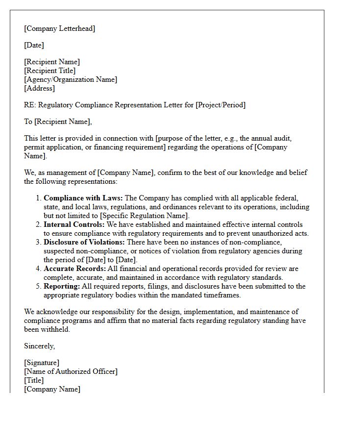 Regulatory Compliance Representation Letter