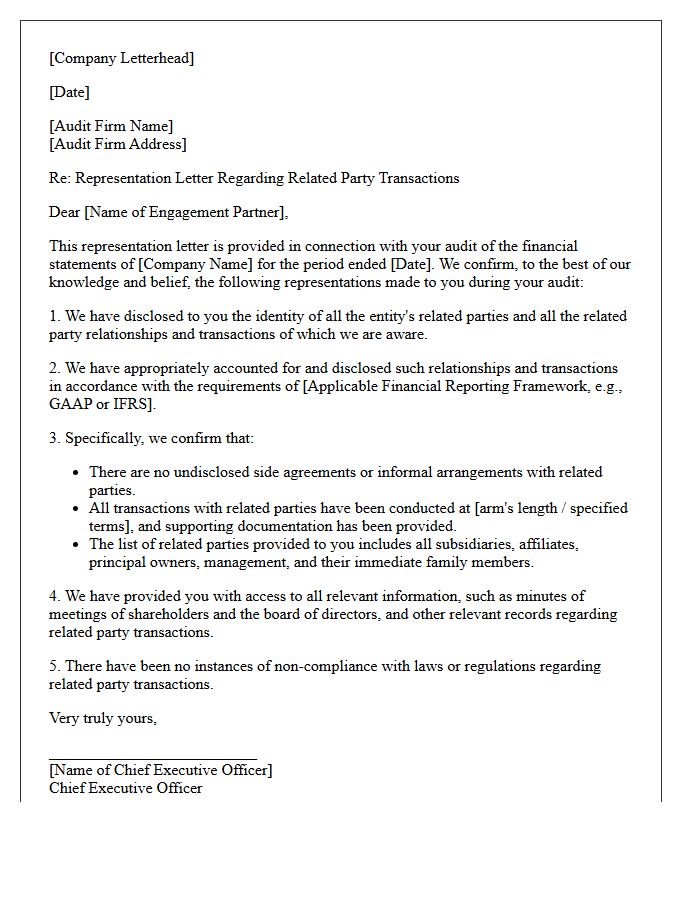 Related Party Transactions Representation Letter