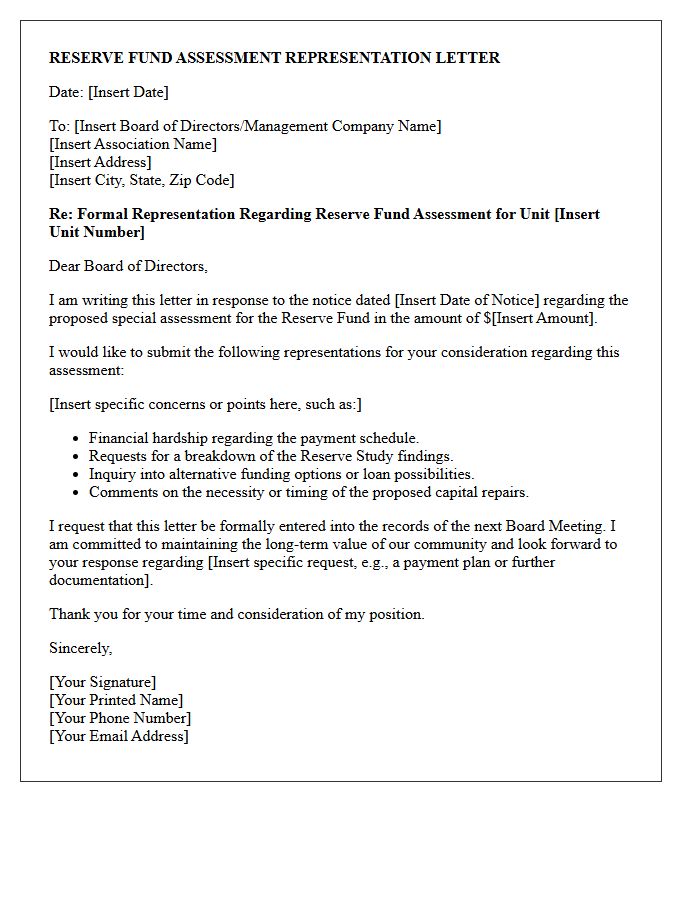 Reserve Fund Assessment Representation Letter