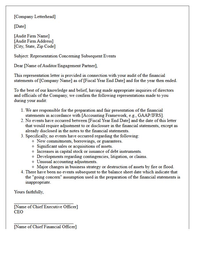 Subsequent Events Representation Letter