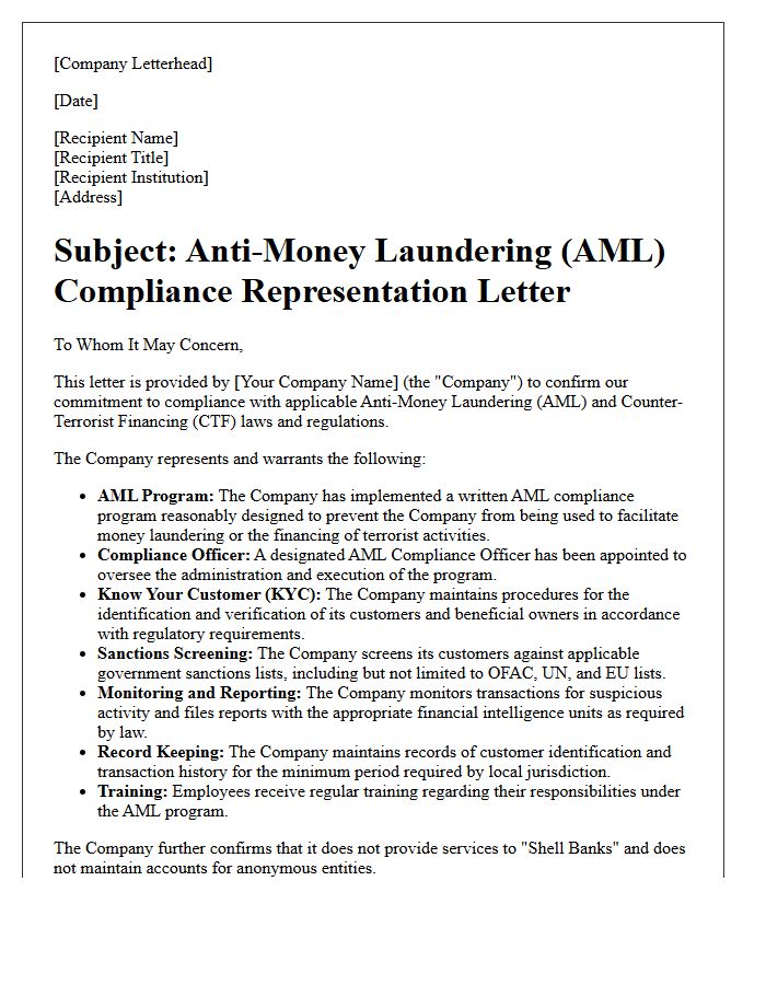 Anti-Money Laundering Compliance Representation Letter
