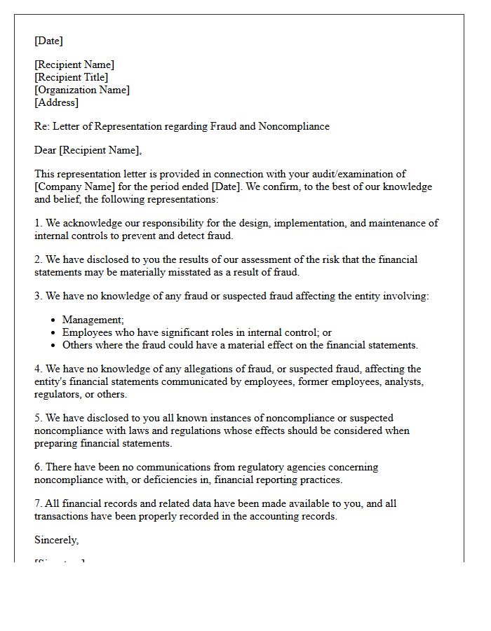 Fraud And Noncompliance Representation Letter