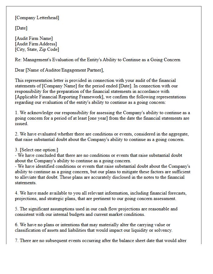 Going Concern Evaluation Representation Letter