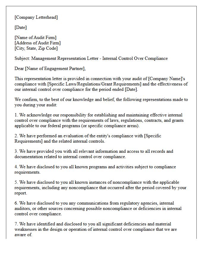Internal Control Over Compliance Representation Letter