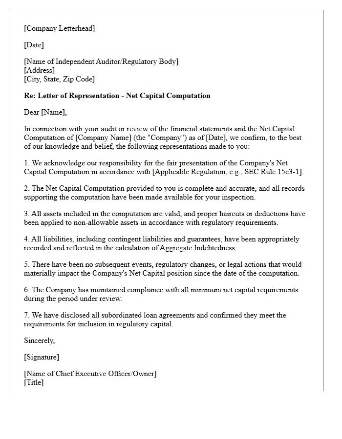 Net Capital Computation Representation Letter