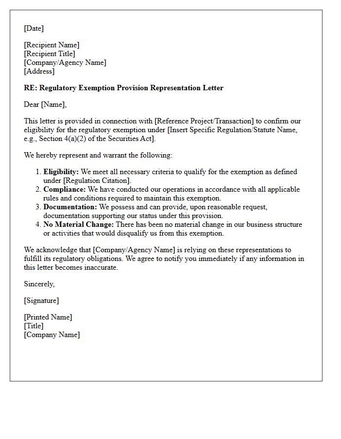 Regulatory Exemption Provision Representation Letter