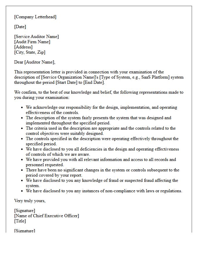 Service Organization Control Representation Letter