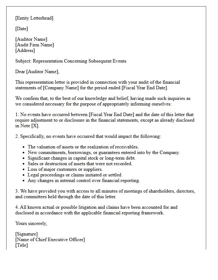 Subsequent Events Audit Representation Letter