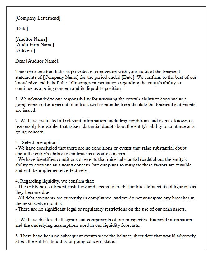 Going Concern and Liquidity Representation Letter