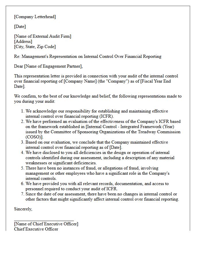 Internal Control Over Financial Reporting Representation Letter