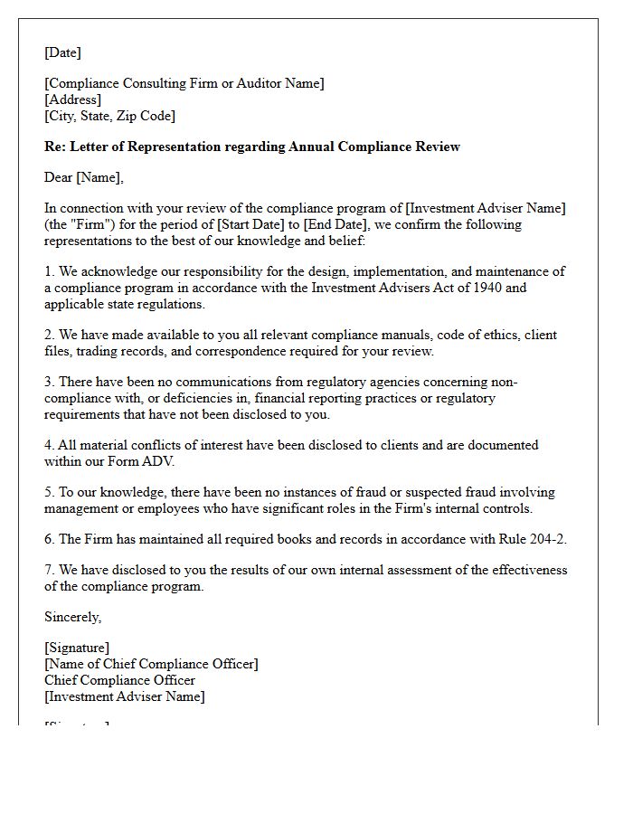 Investment Adviser Compliance Representation Letter