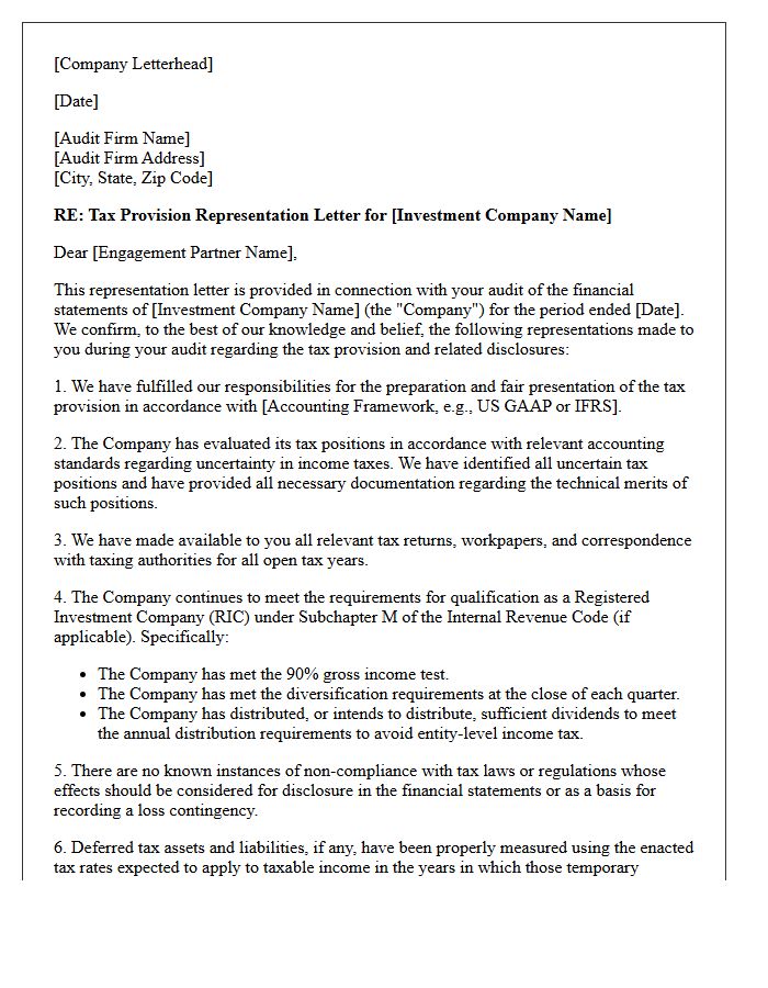 Investment Company Tax Provision Representation Letter