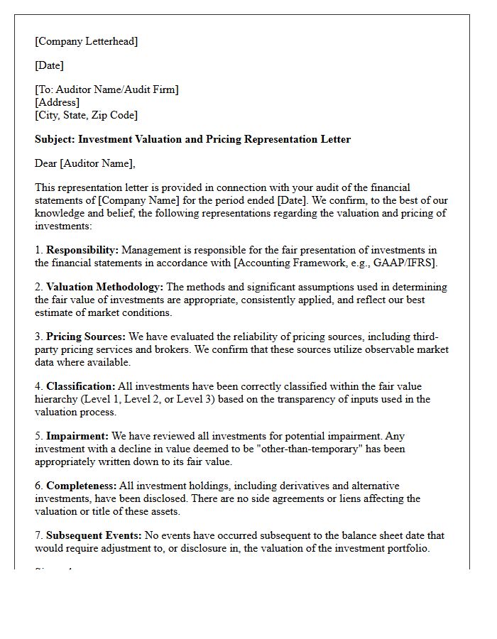 Investment Valuation and Pricing Representation Letter