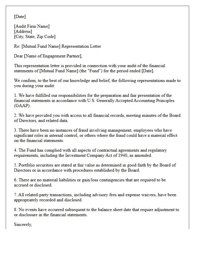 Mutual Fund Board of Directors Representation Letter