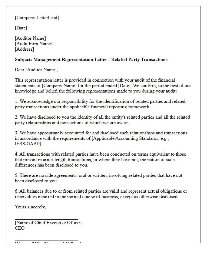 Related Party Transactions Representation Letter