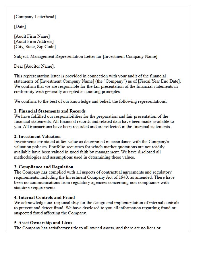 Standard Investment Company Management Representation Letter