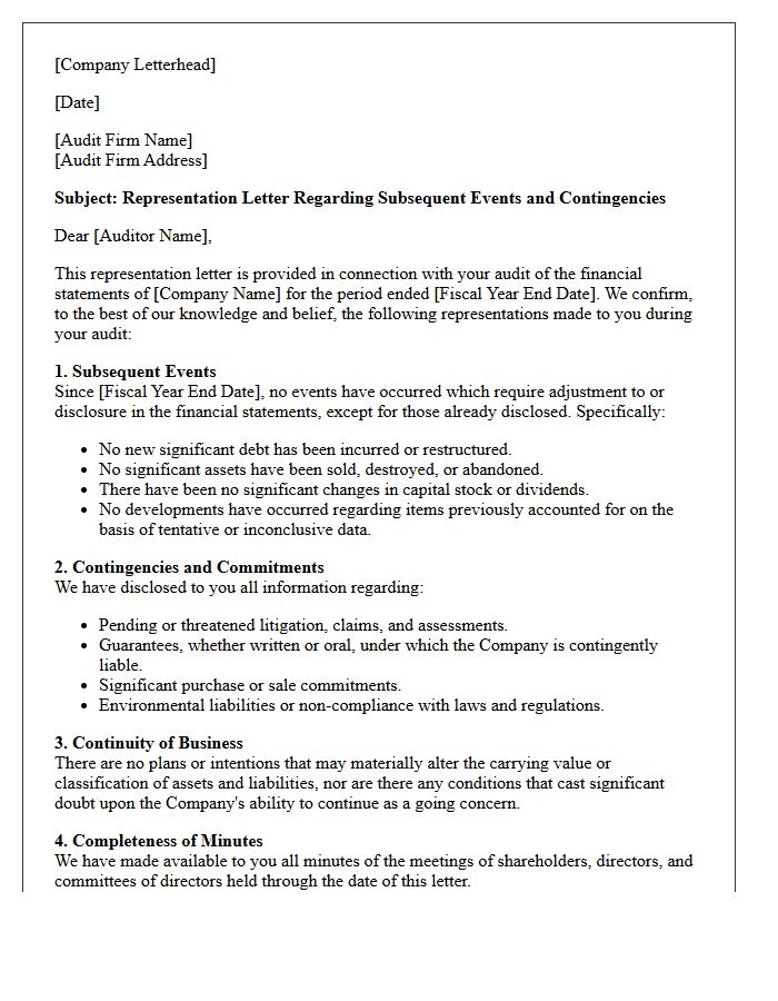 Subsequent Events and Contingencies Representation Letter
