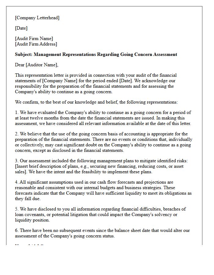 Going Concern Assessment Representation Letter
