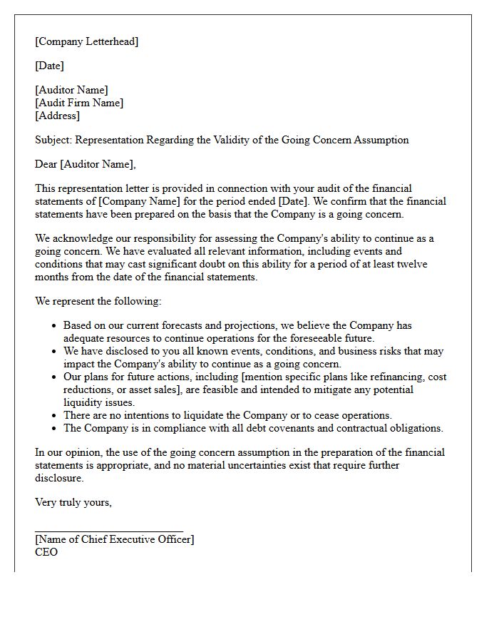 Going Concern Assumption Validity Representation Letter