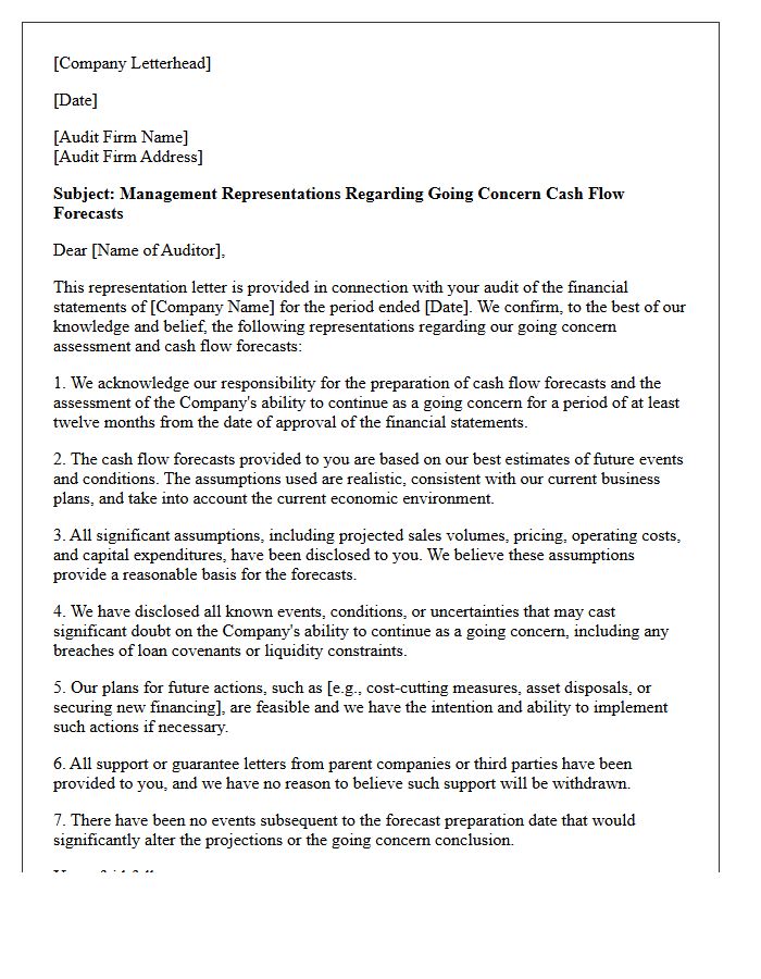 Going Concern Cash Flow Forecast Representation Letter
