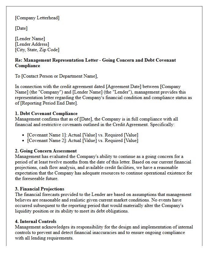 Going Concern Debt Covenant Compliance Representation Letter