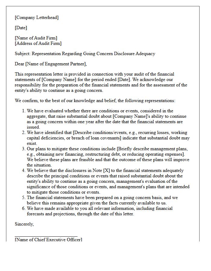 Going Concern Disclosure Adequacy Representation Letter