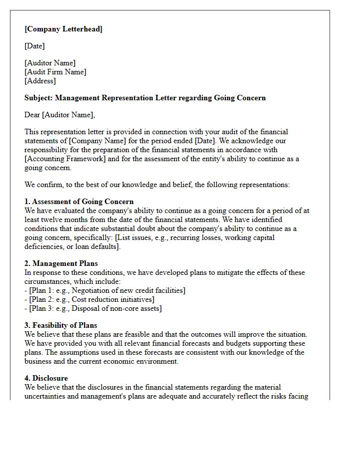 Going Concern Financial Distress Representation Letter