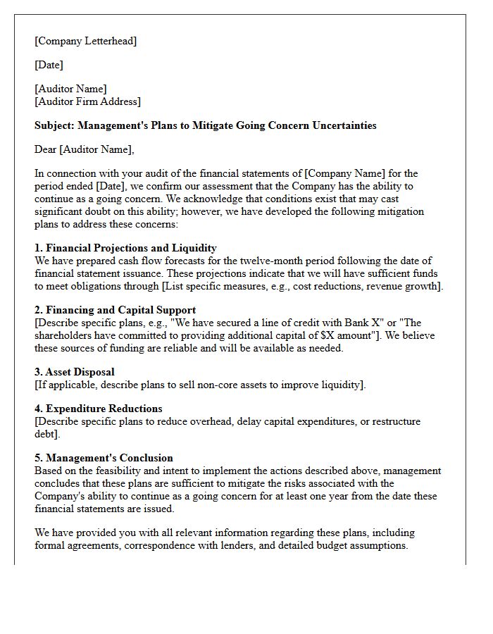 Going Concern Mitigation Plan Representation Letter