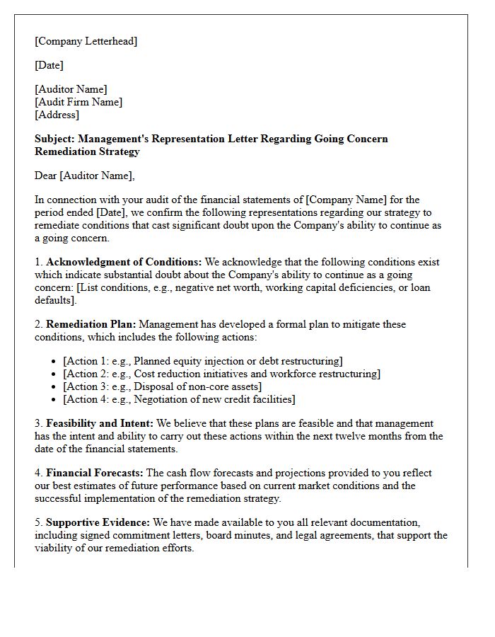 Going Concern Remediation Strategy Representation Letter